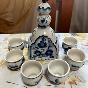 GZHEL Decanter with 6 shot Classes. Blue and White Ceramic Art Set